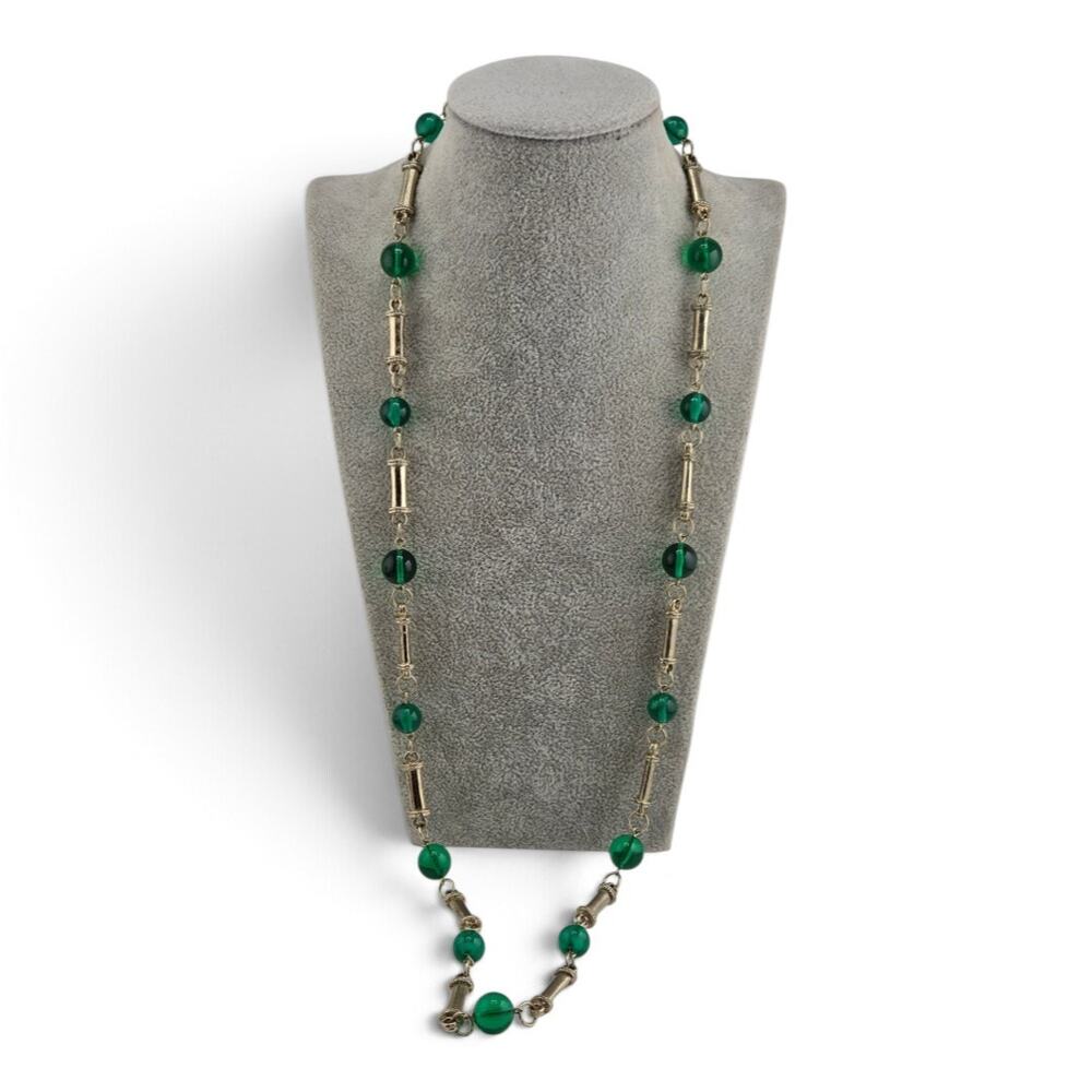 Vintage Emerald Green Glass Bead Necklace Gold Tone Station Chain 30.5"